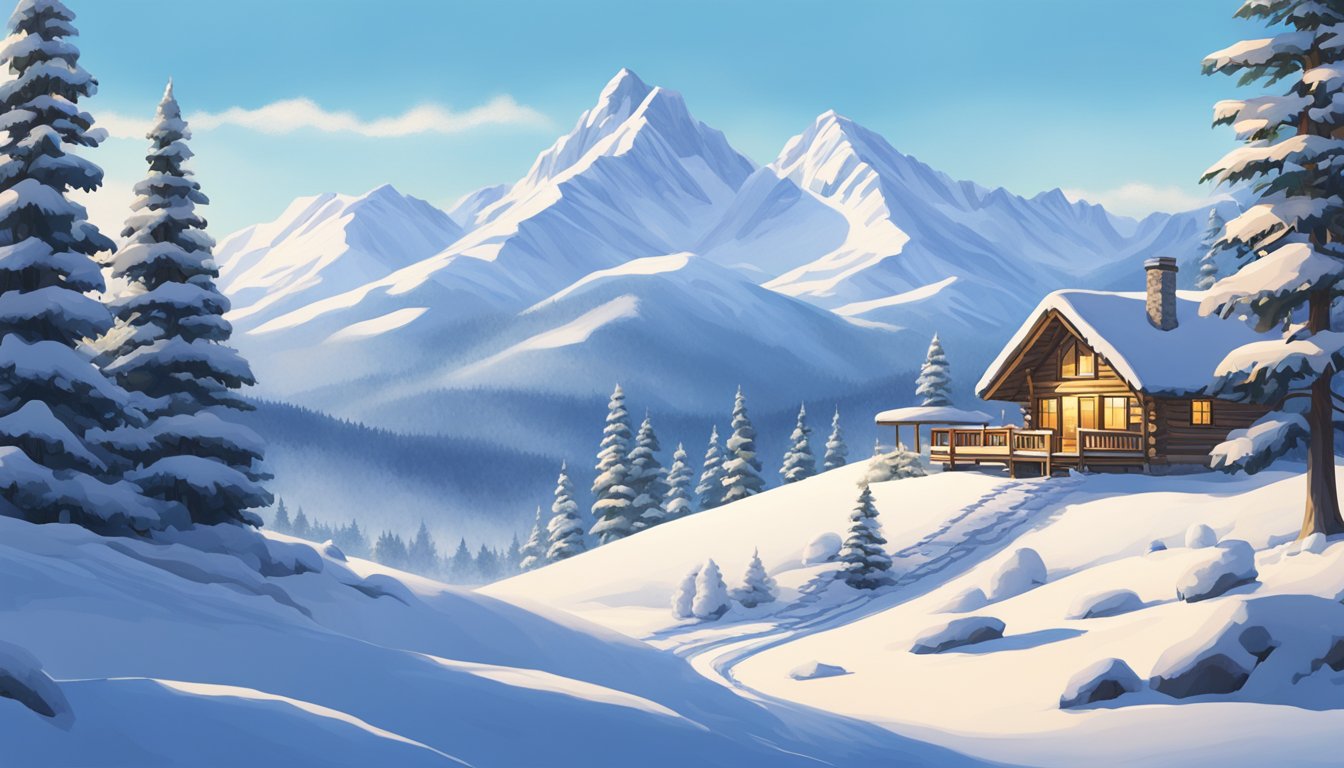 Snow-covered mountains, frosted pine trees, and a cozy cabin nestled in a serene winter landscape. A clear blue sky and a blanket of white snow create a picturesque scene for a December travel destination