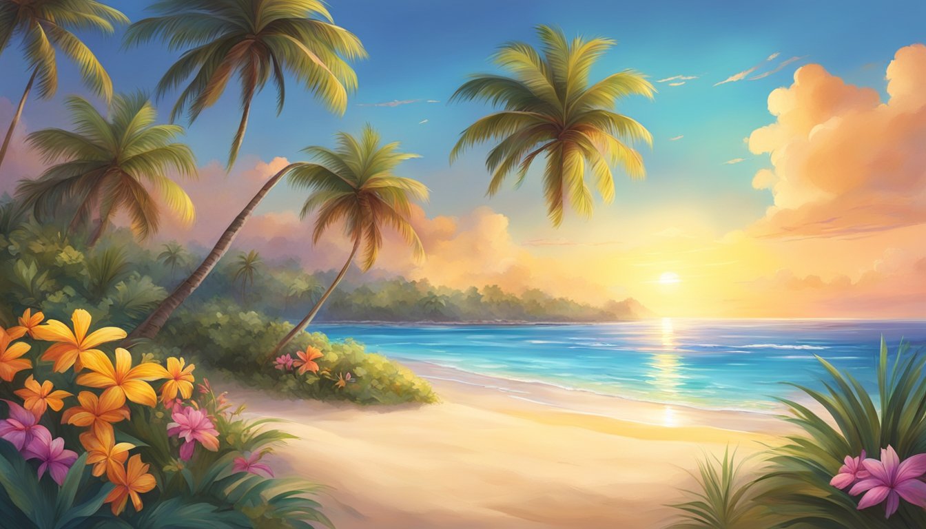 Lush palm trees sway in the warm breeze, surrounded by vibrant flowers and exotic wildlife. The sun sets over a crystal-clear ocean, casting a golden glow on the sandy beaches