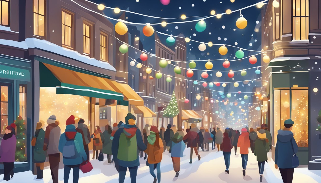 A bustling city street decorated with festive lights and holiday decorations, with people shopping and enjoying the seasonal cheer