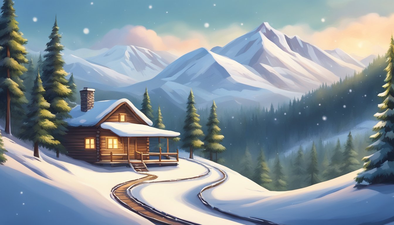 A snow-covered forest with a winding path leading to a cozy cabin, smoke rising from the chimney. Evergreen trees and snow-capped mountains in the background