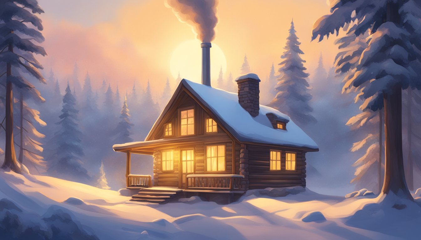 A cozy cabin nestled in a snowy forest, with smoke rising from the chimney. The sun peeks through the trees, casting a warm glow on the scene