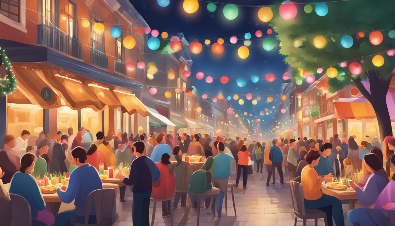Colorful decorations, festive lights, and traditional music fill the streets. People gather to celebrate and indulge in seasonal foods and drinks