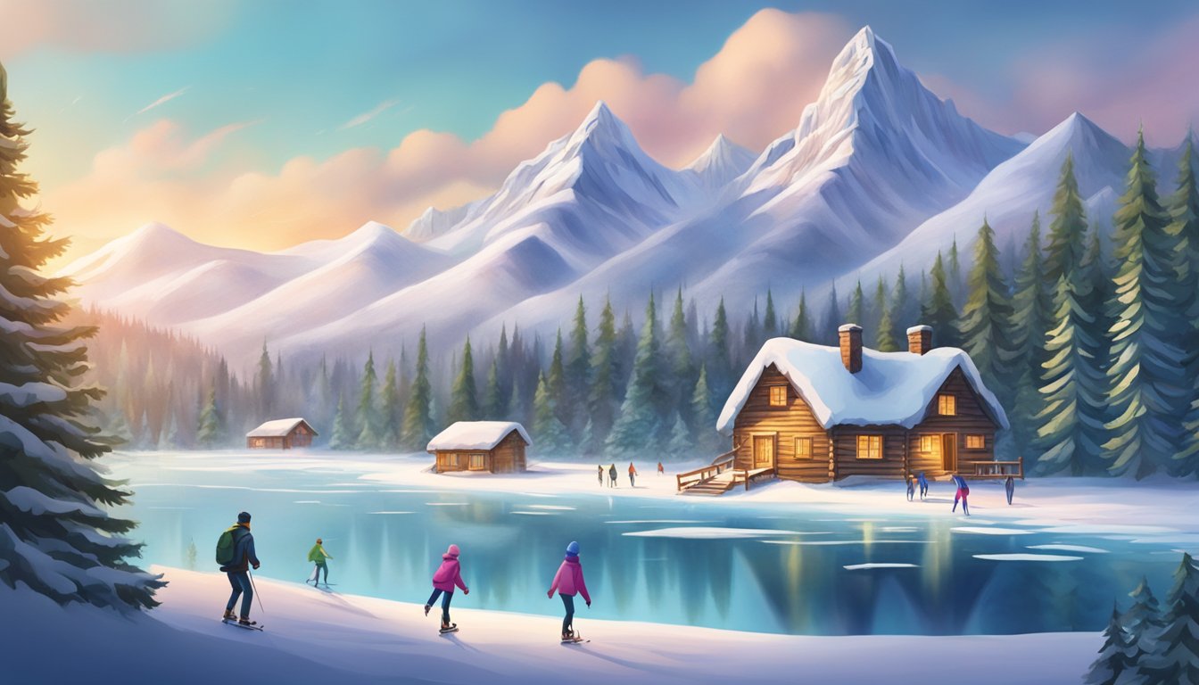 Snow-covered mountains, evergreen forests, and a frozen lake with people ice skating. A cozy cabin with smoke coming out of the chimney