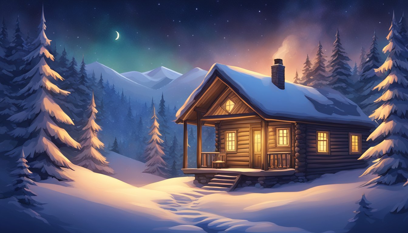 A cozy cabin nestled in a snow-covered forest, with a warm fire crackling inside and a starry night sky above