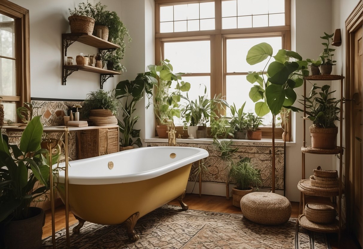 A boho-style bathroom with rattan shelves, patterned tiles, hanging plants, and a vintage rug. A clawfoot bathtub and brass fixtures complete the eclectic look