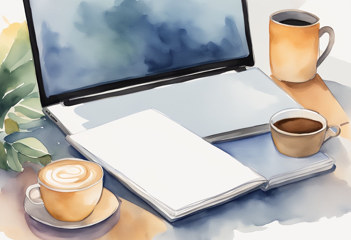 A laptop open on a desk, with a blank screen and a cup of coffee beside it. A notebook and pen sit nearby, ready for brainstorming