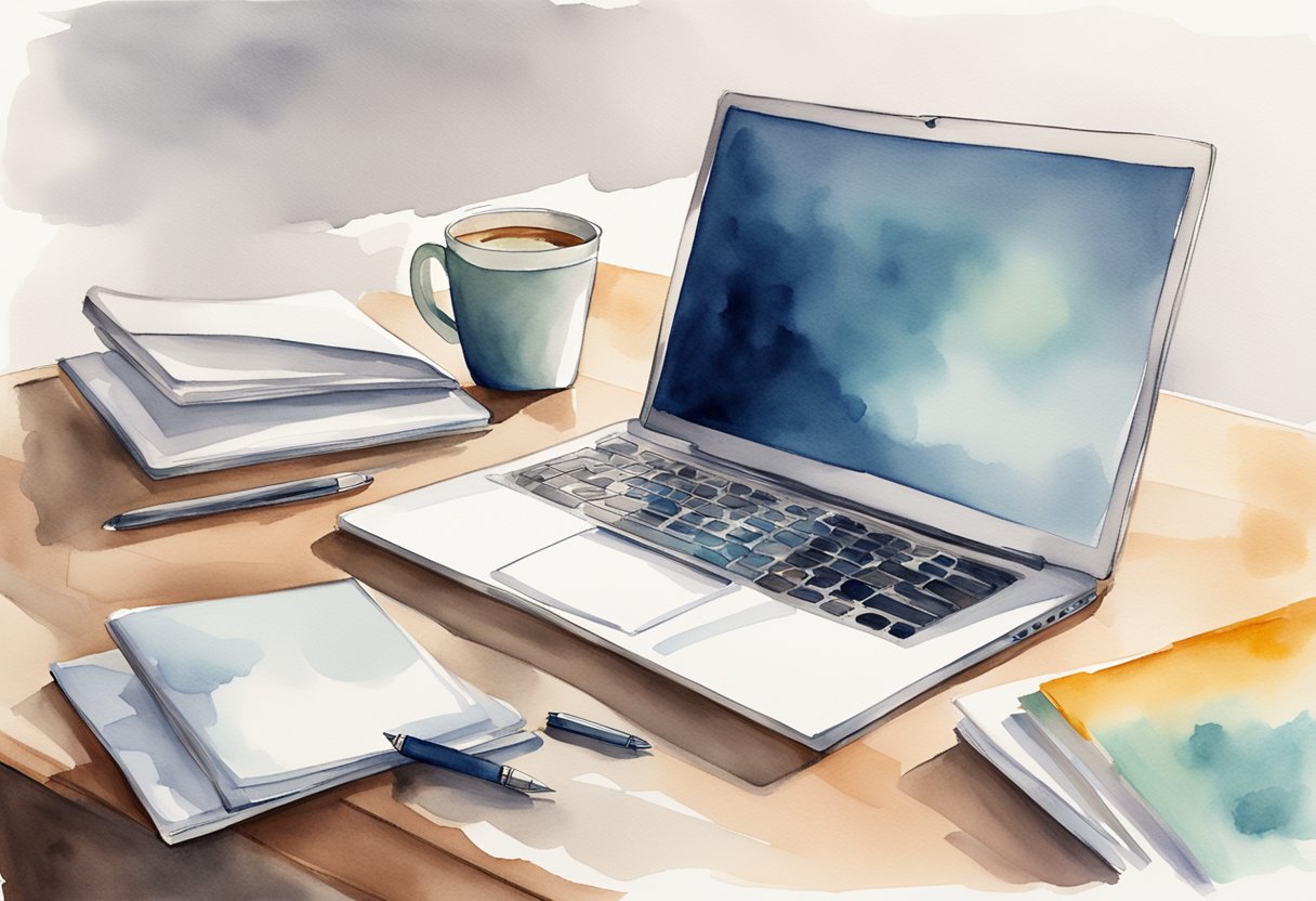 A laptop sits open on a desk, with a blank webpage on the screen. A notebook and pen are nearby, ready for brainstorming. A cup of coffee steams in the background