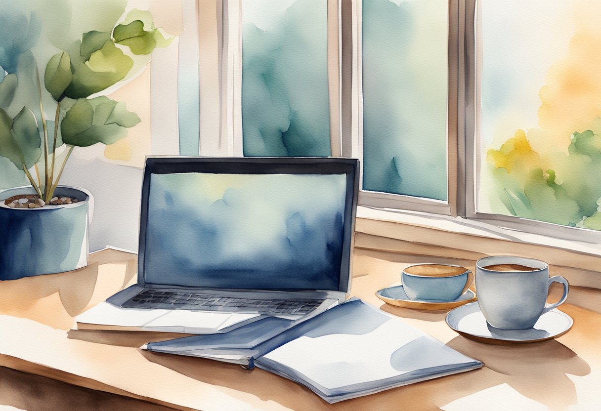 A desk with a laptop, notebook, and pen. A cup of coffee sits beside the laptop. A window with natural light illuminates the workspace