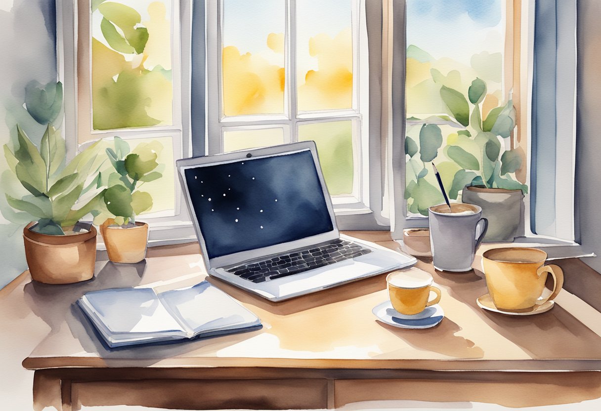 A laptop open on a desk with a blank screen, surrounded by notebooks, pens, and a cup of coffee. A window shows a sunny day outside