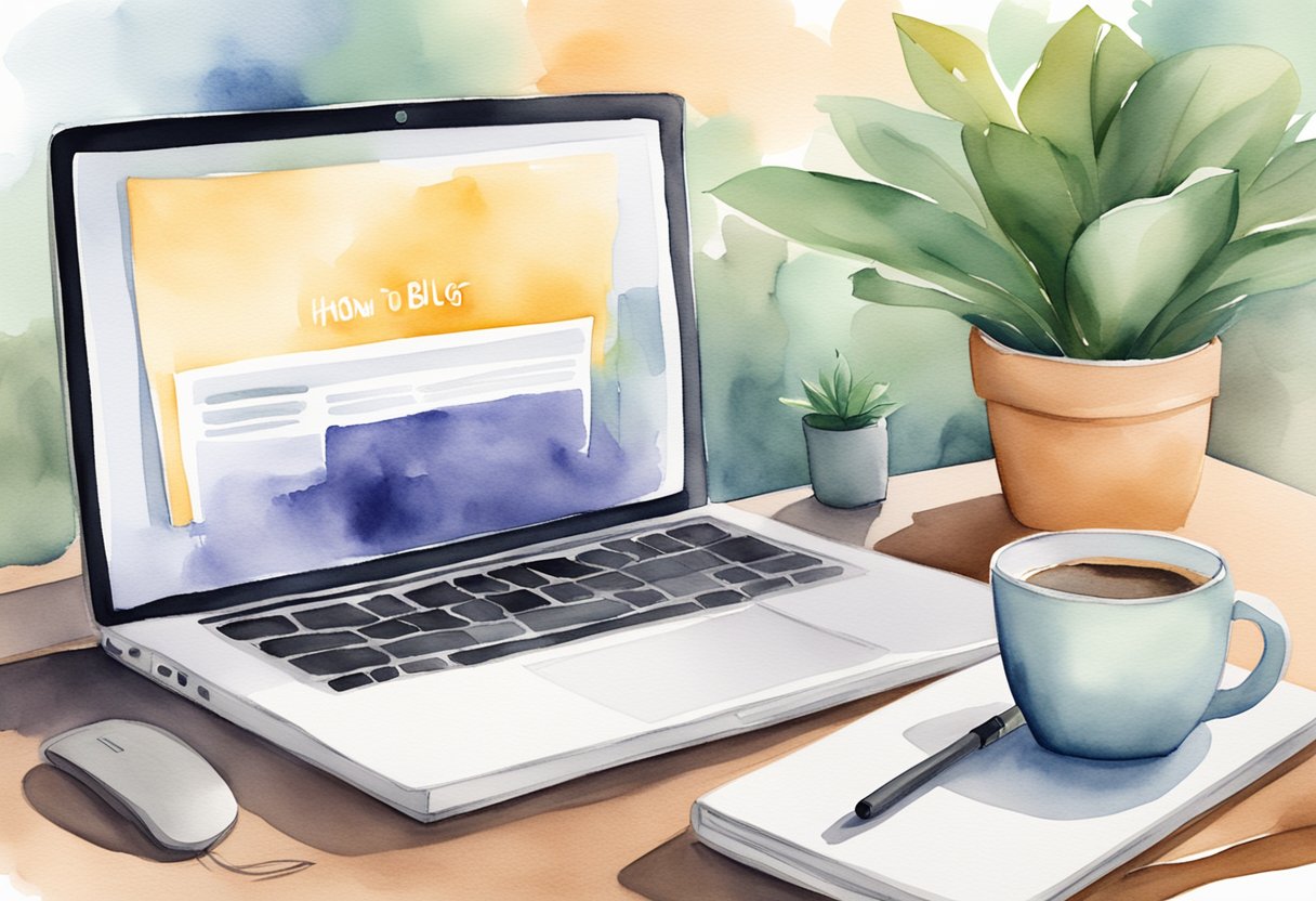 A laptop displaying a blog homepage with a "How to Start a Blog" title. A plant and coffee mug sit nearby, creating a cozy atmosphere