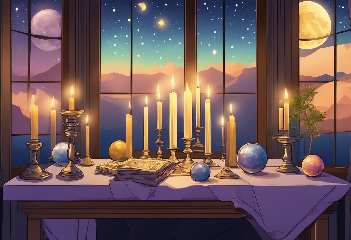 A table set with candles, tarot cards, and crystal balls. A mystical atmosphere with moonlight streaming through the window