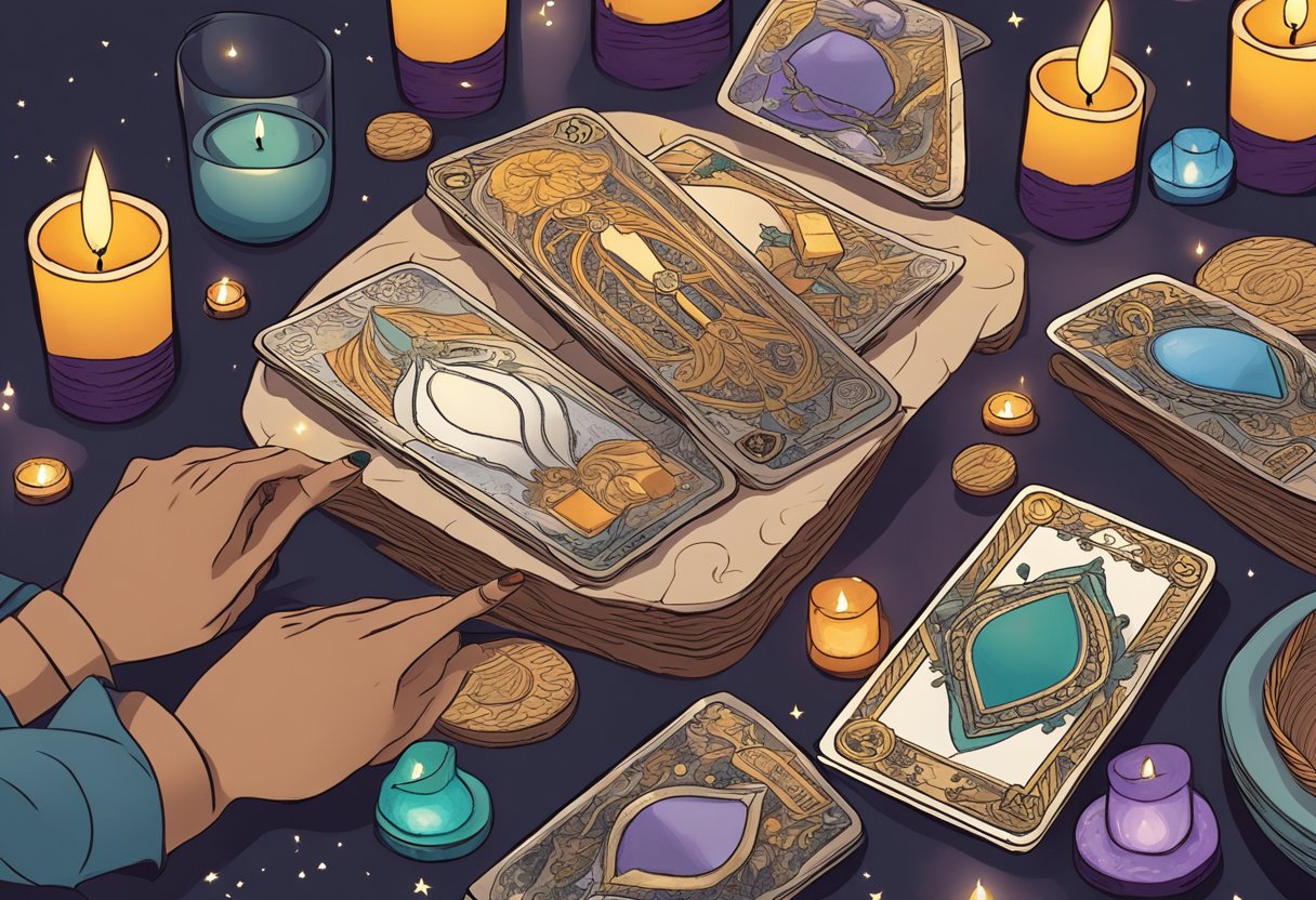 A hand reaches for a tarot deck on a table, surrounded by candles and crystals. The spread is laid out, ready for a date night reading