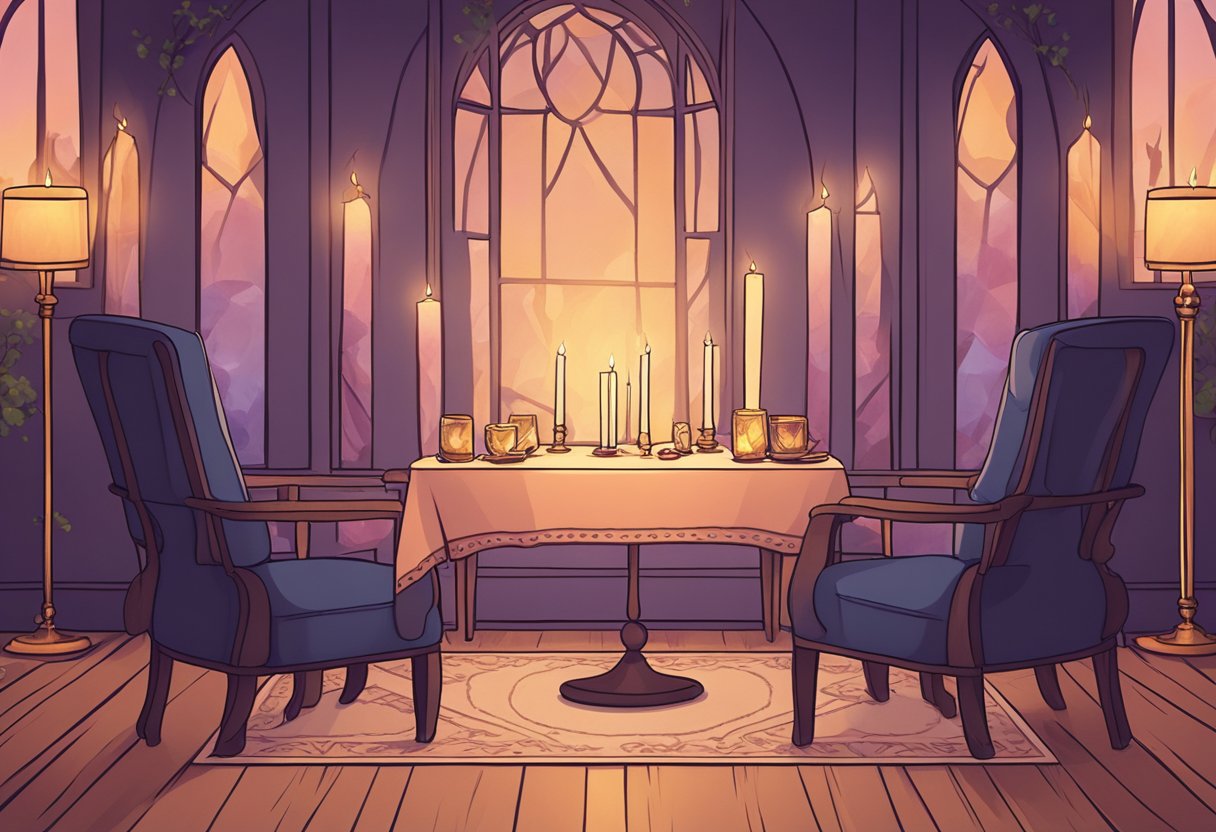 A table set with tarot cards, candles, and crystals. Soft lighting and a cozy atmosphere. Two chairs facing each other, ready for a tarot reading