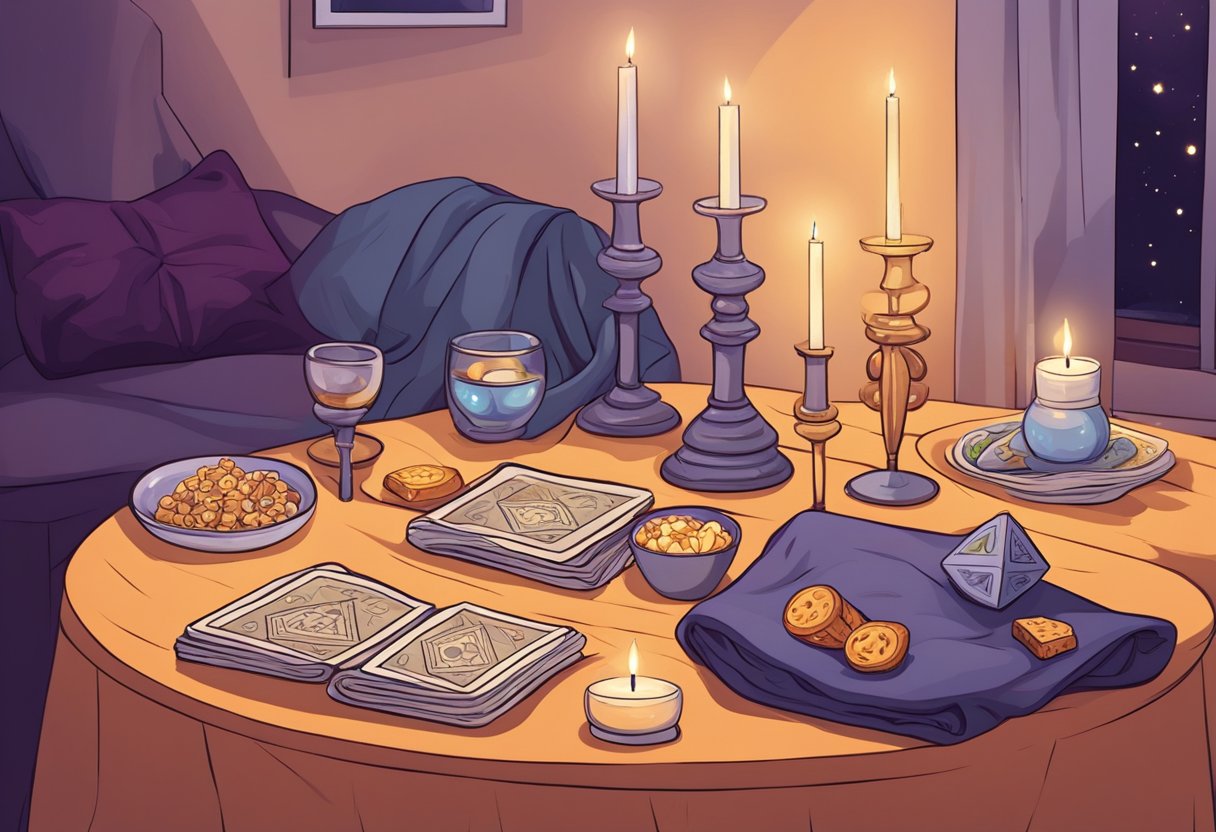 A table set with tarot cards, candles, and crystals. A cozy blanket and pillows on the floor. A bottle of wine and snacks nearby