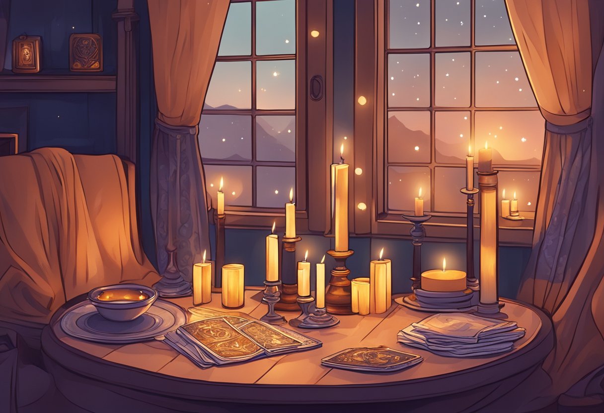 A cozy room with flickering candles, soft blankets, and a table set with tarot cards and crystals. A warm, intimate atmosphere for a special date night