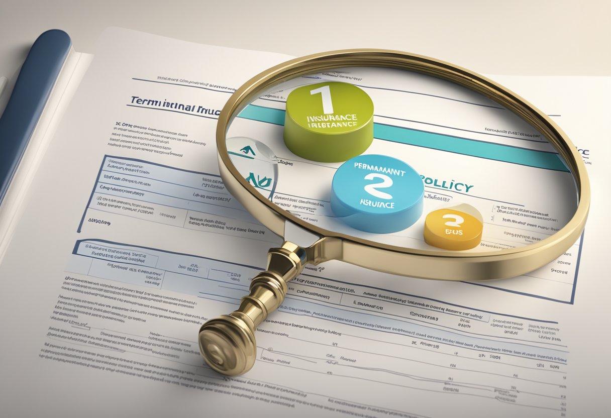 A scale balancing a term and permanent life insurance policy, with a magnifying glass highlighting the differences