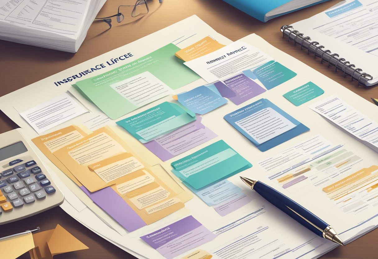 A variety of permanent life insurance policies displayed on a table with labels and descriptions