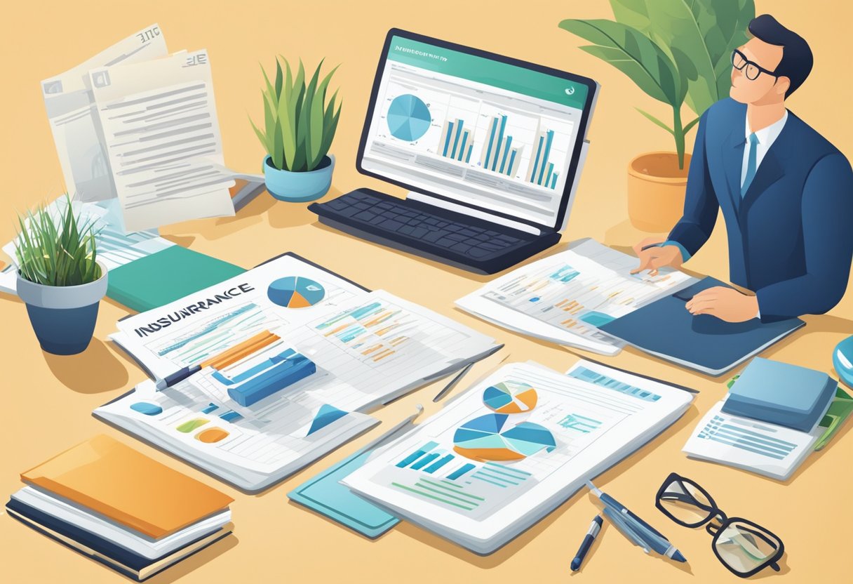 A person comparing term life insurance options. Charts and graphs show different types of life insurance. Papers and a calculator are on the desk