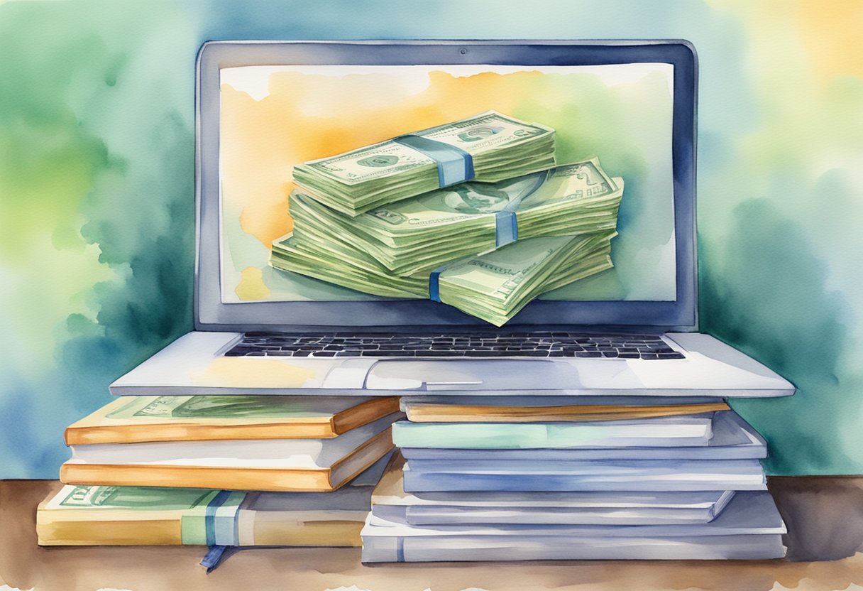 A stack of cash and a computer with coding books