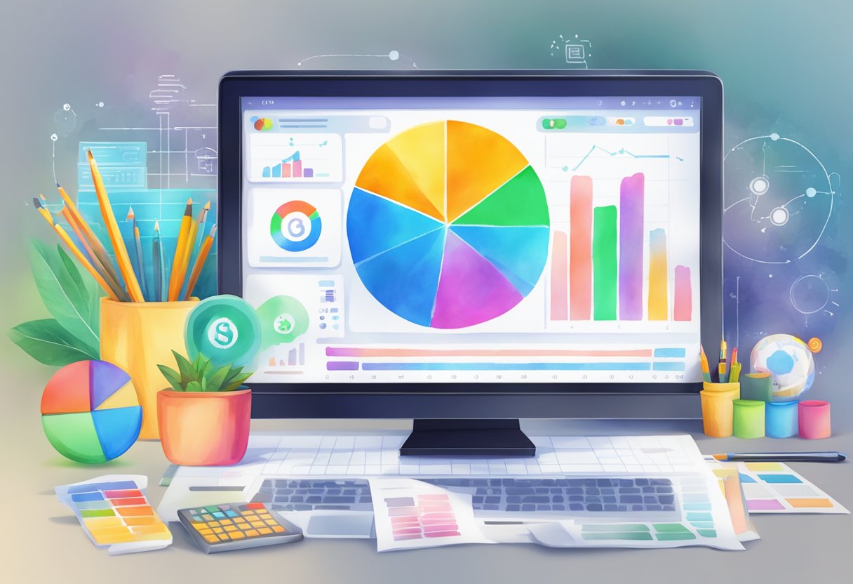 A computer screen displays "Digital Marketing Mastery" with dollar signs and a progress bar, surrounded by charts and graphs