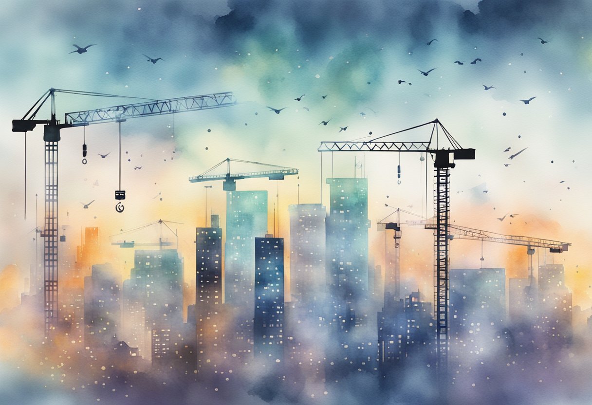 A bustling city skyline with construction cranes and computer code symbols floating in the air