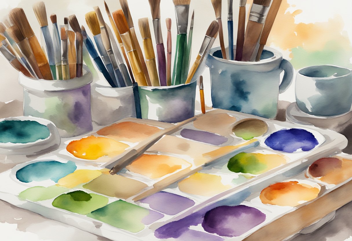 A colorful palette and paintbrushes arranged on a desk, with a blank canvas ready to be filled with artistic creations