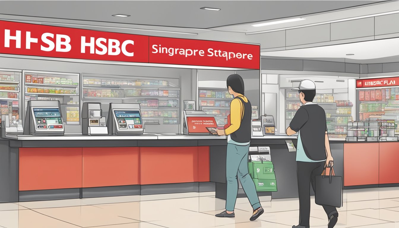 A customer swiping an HSBC credit card at a store counter, with a sign displaying "Cash Instalment Plan Tenor Singapore" in the background