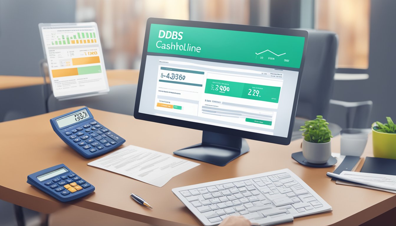 A computer screen displaying the DBS Cashline webpage with the interest rate information, alongside a calculator and pen on a desk