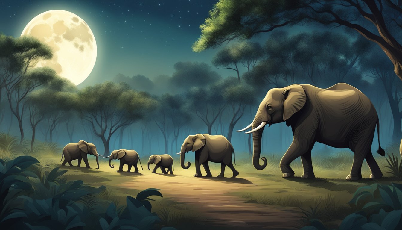 Animals roam freely in the moonlit forest. A lioness prowls, while a family of elephants lumbers by. The air is alive with the sounds of nocturnal creatures