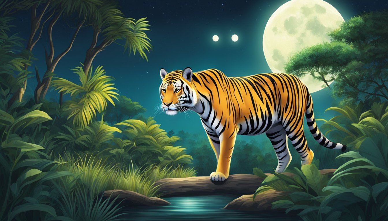 Animals roam freely in their natural habitats at Night Safari. The moonlight illuminates the nocturnal creatures as they move through the lush foliage