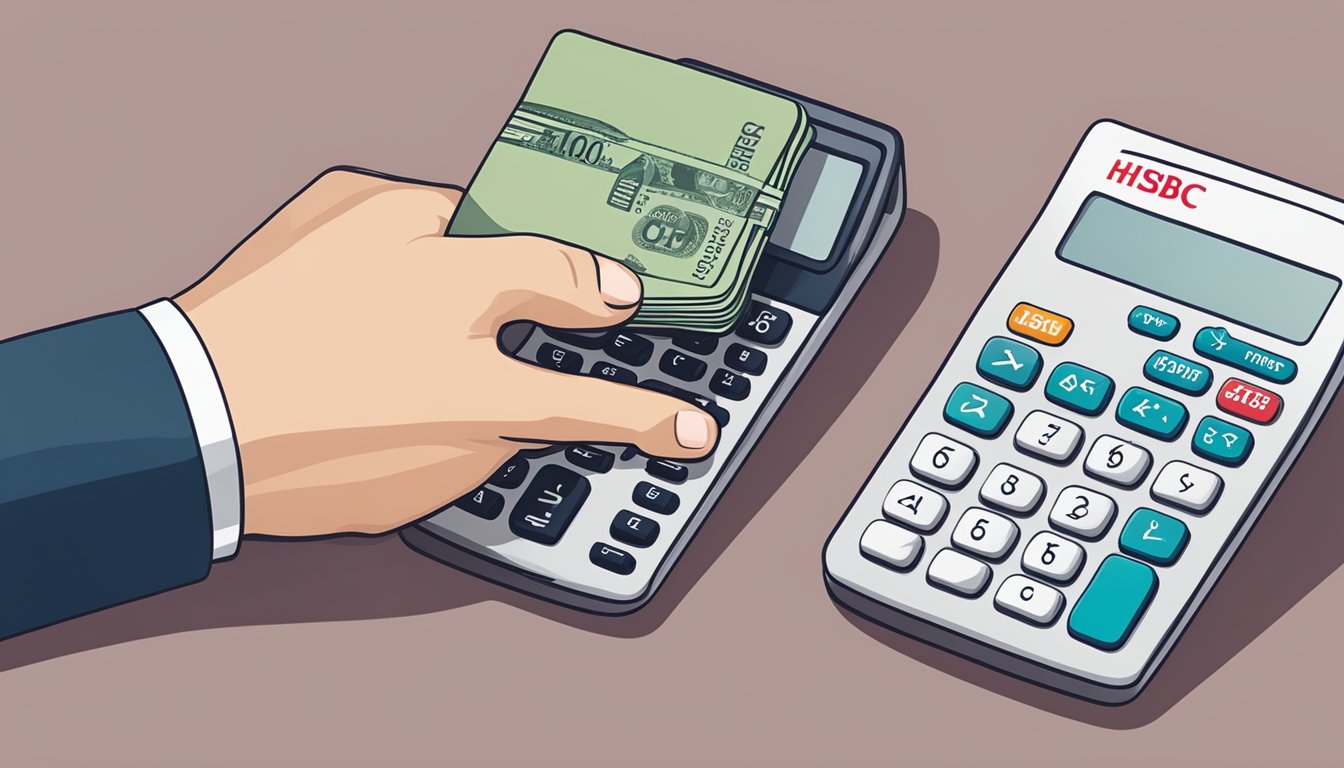 A hand holding a credit card next to a calculator and a contract with the words "Repayment Terms HSBC Cash Instalment Plan Applied Rate Singapore" prominently displayed