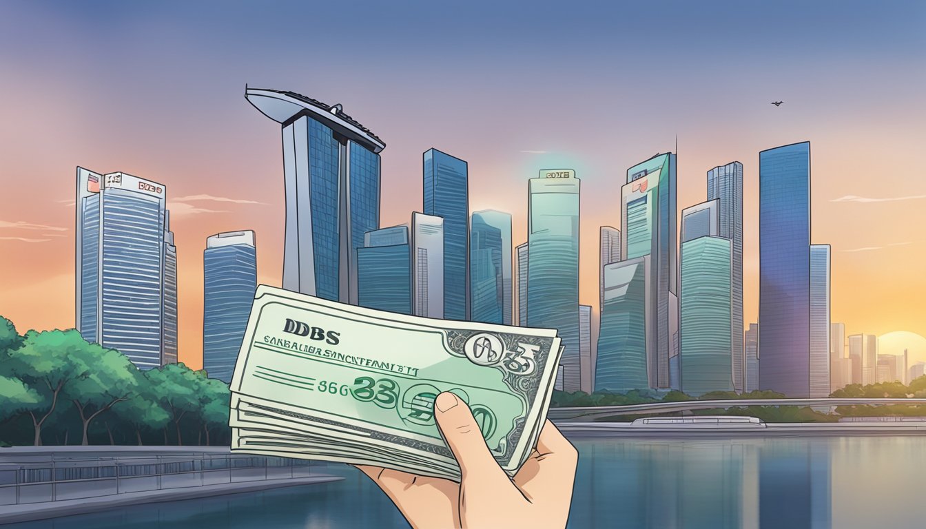 A hand reaches for a DBS Cashline statement with the interest rate displayed. The Singapore skyline is visible in the background