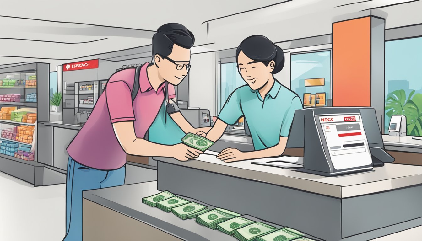 A person swiping an HSBC credit card at a store counter, with a sign displaying "Cash Instalment Plan Applied Rate" in Singapore