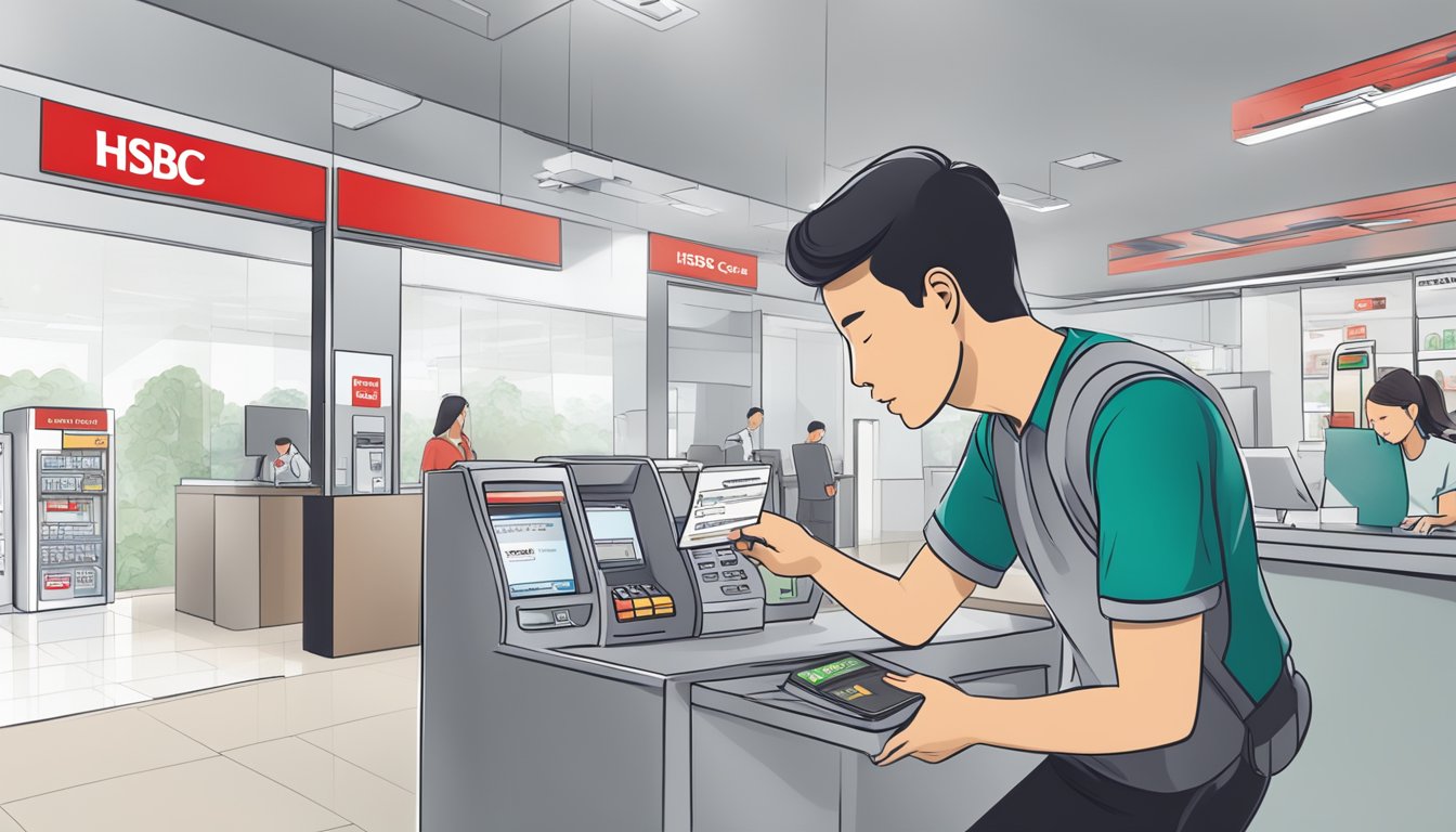 A customer swiping a credit card at an HSBC branch, with a sign displaying "Additional Cash Instalment Plan Features" and "Applied Rate Singapore" in the background