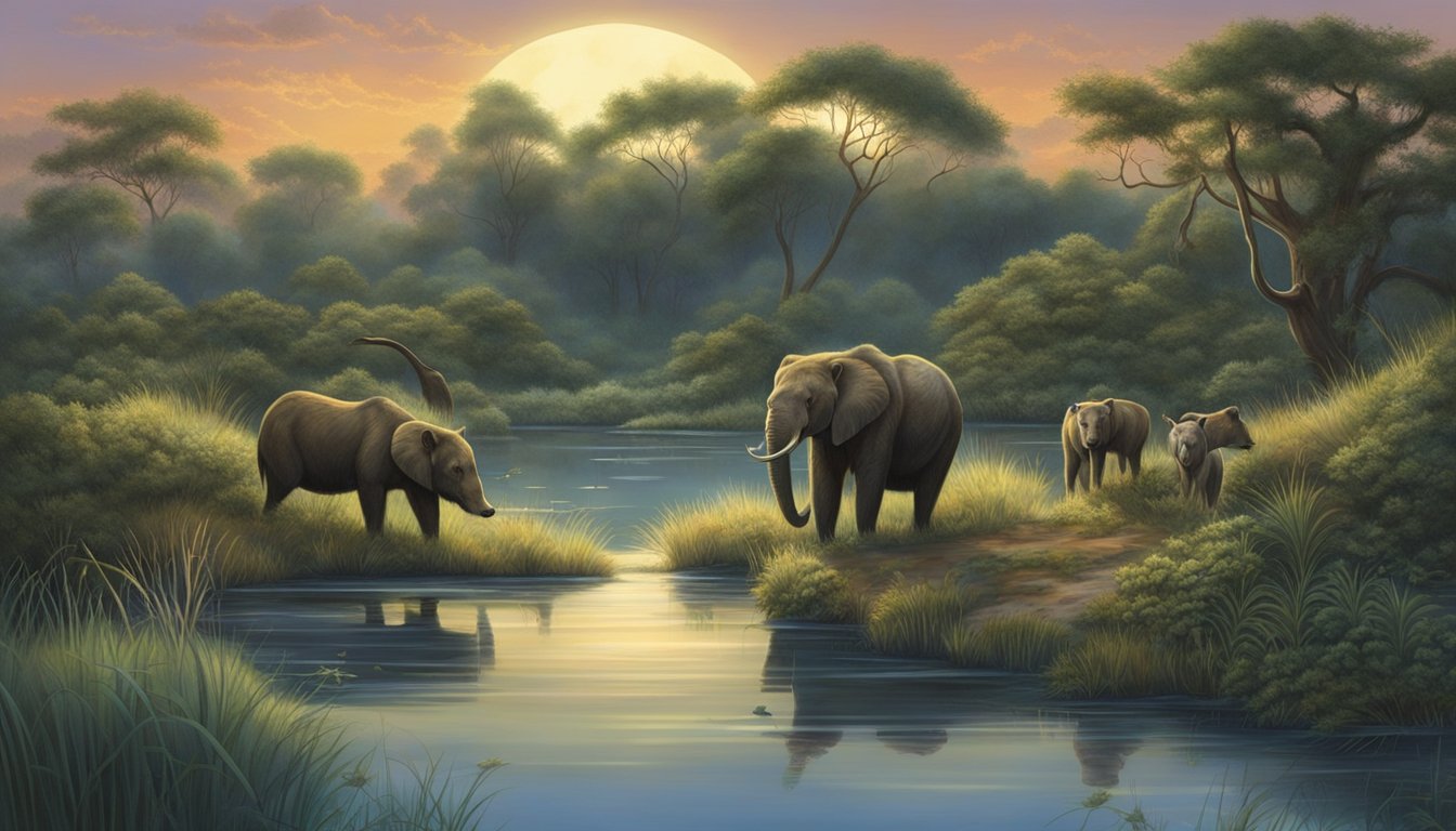A group of wild animals roam freely in their natural habitat, illuminated by soft moonlight. The lush vegetation and serene waterways create a tranquil setting for observing and conserving these magnificent creatures