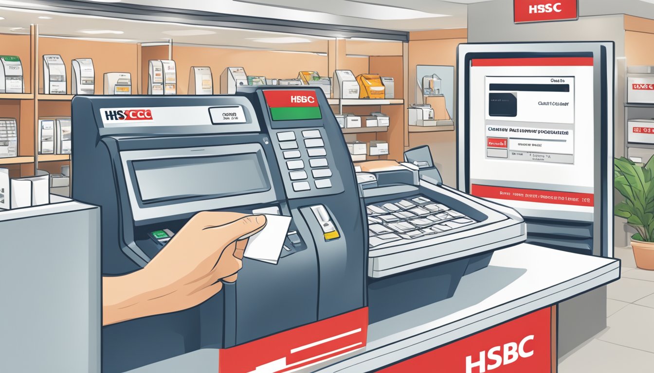 A hand swiping a credit card at a store counter with a sign displaying "HSBC Cash Instalment Plan Processing Fee Singapore" in the background