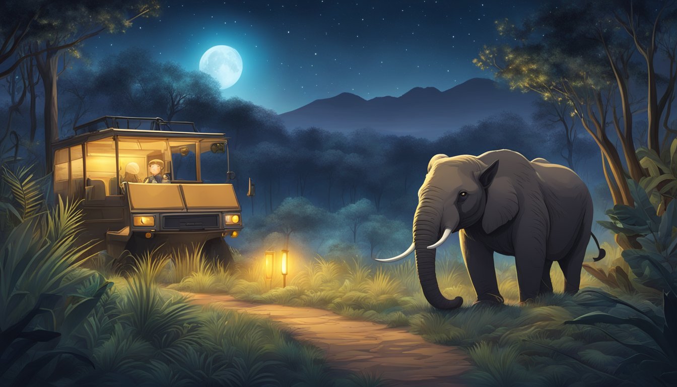The night safari comes alive with glowing eyes of nocturnal animals, illuminated pathways, and the sounds of the wild under a starry sky