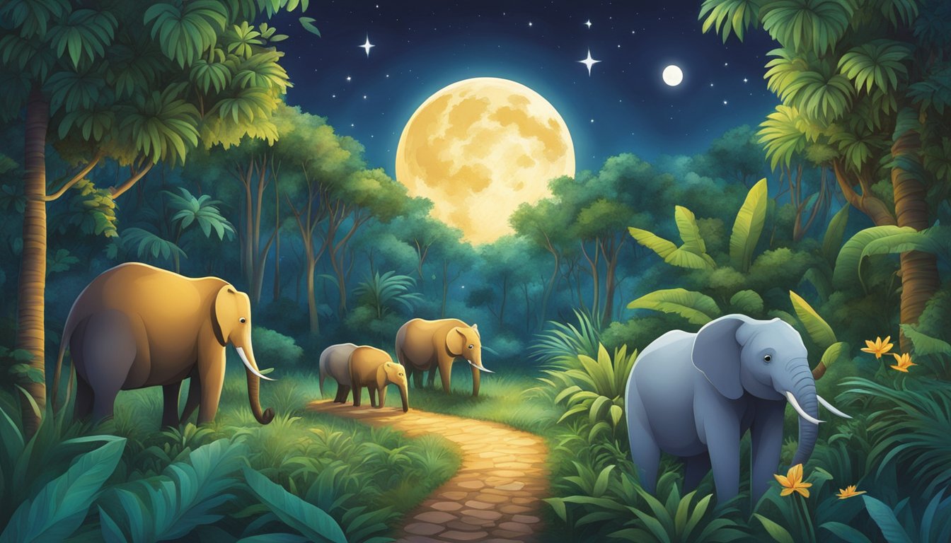Animals roam freely under the moonlit sky, surrounded by lush vegetation and illuminated pathways at the Night Safari. Twinkling stars overhead add to the magical ambiance