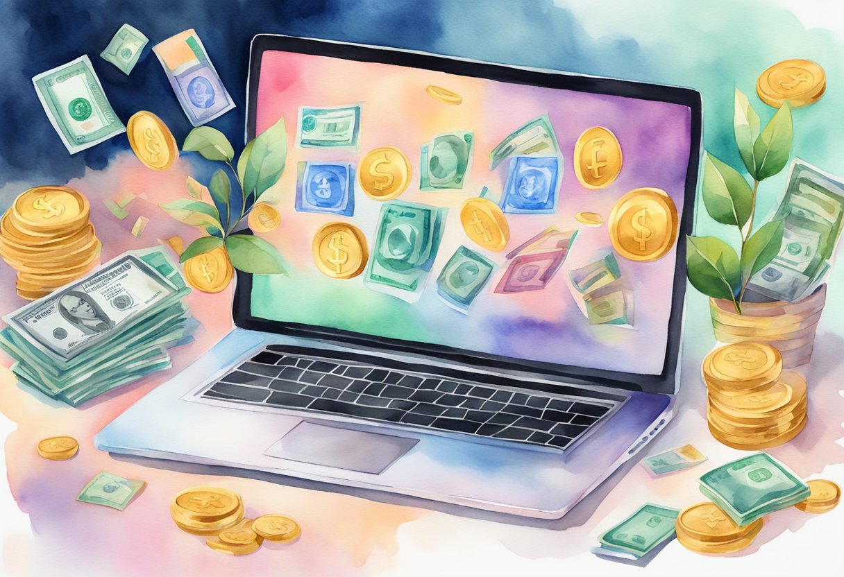 A laptop displaying various online money-making methods, surrounded by symbols of success and wealth