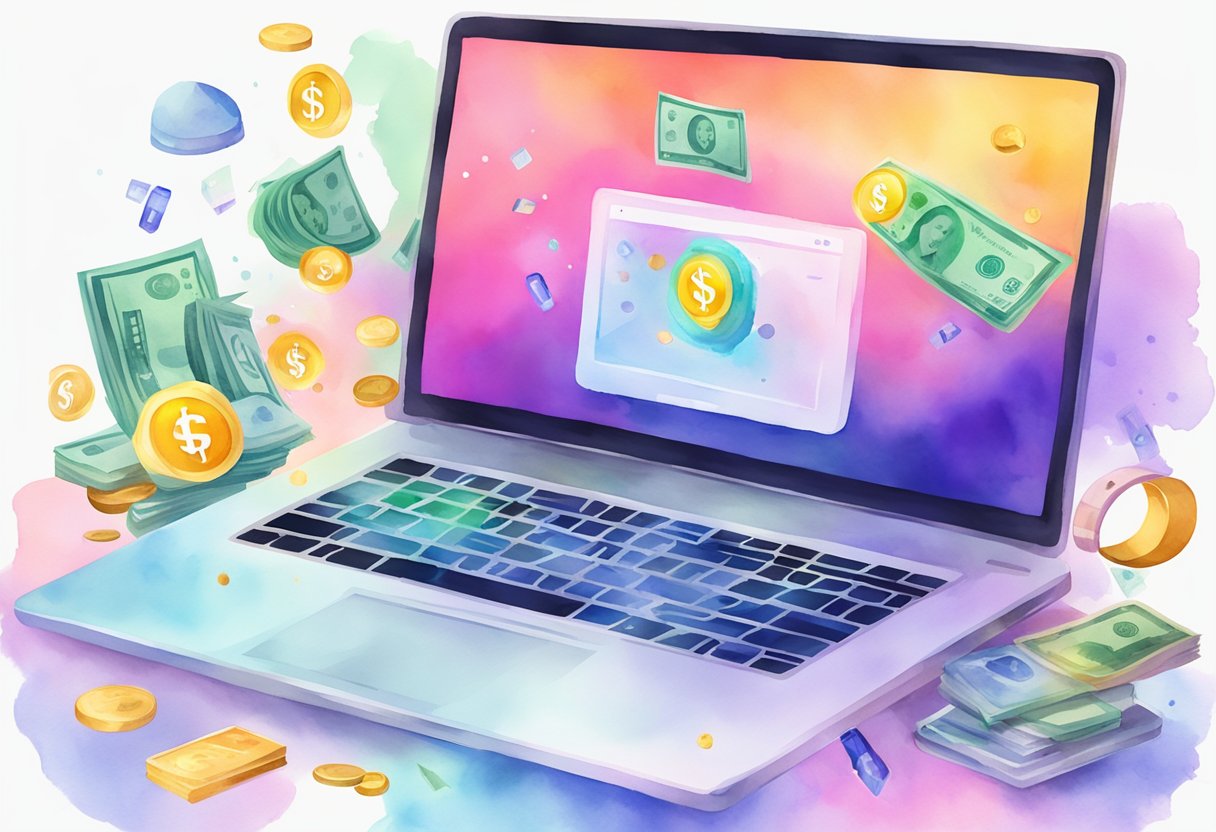 A laptop with money symbols floating out of the screen, surrounded by various digital content creation tools and icons