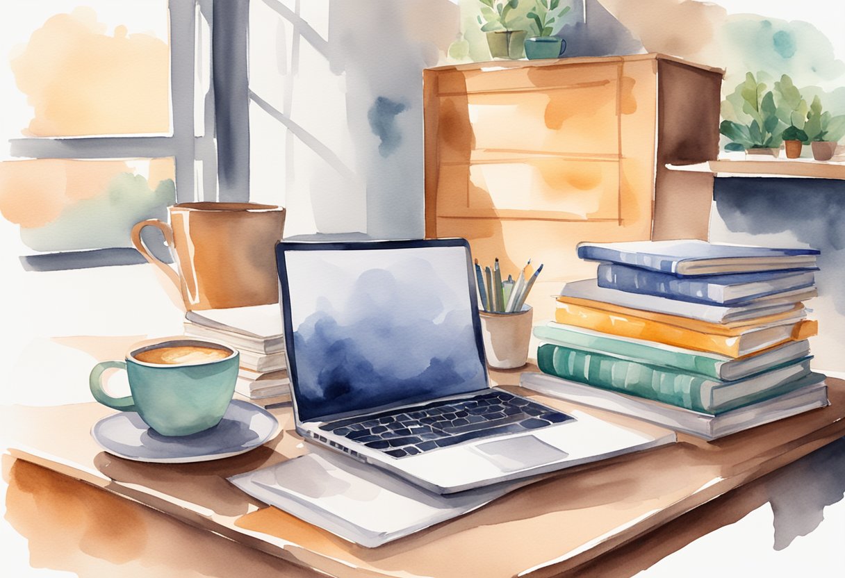 A laptop on a desk with a stack of books, a notepad, and a cup of coffee. A calendar on the wall shows deadlines