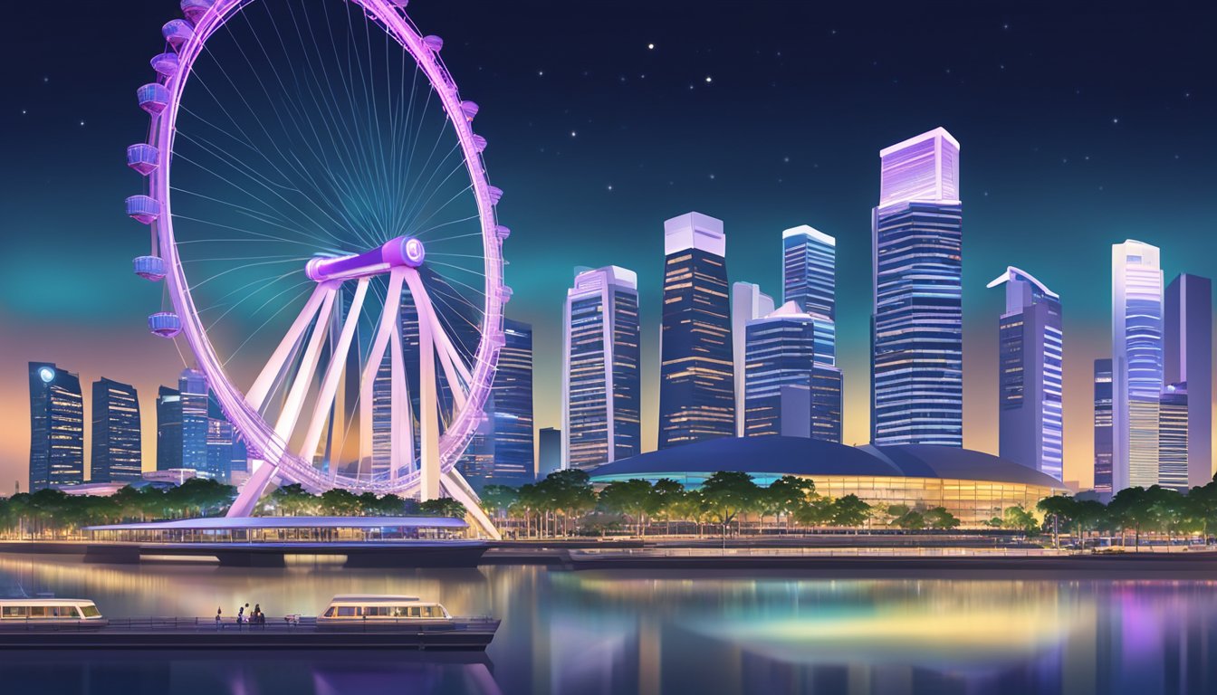 The Singapore Flyer rotates against a backdrop of city lights, with bustling streets below and a serene waterfront in the distance