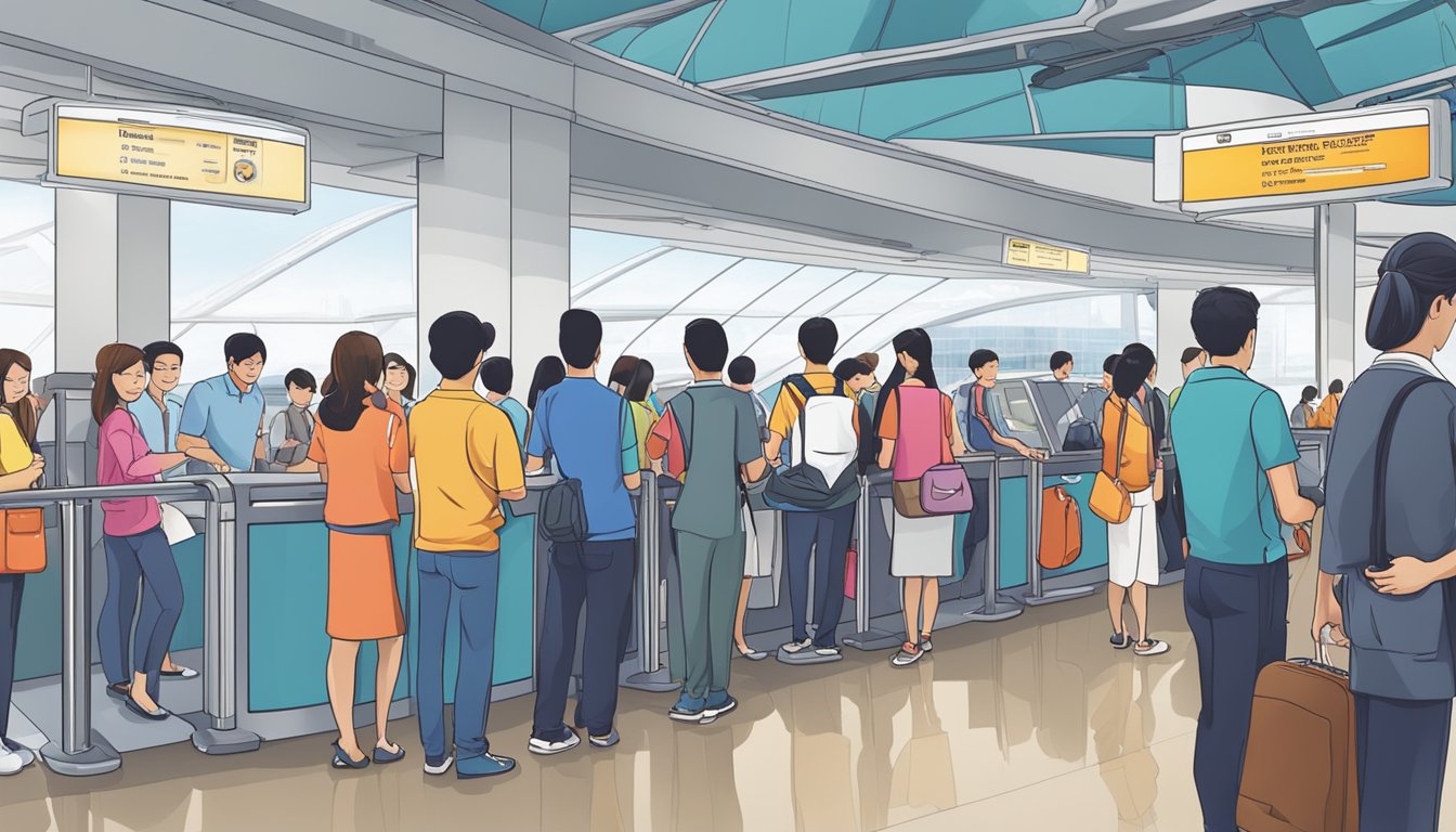 Passengers line up at ticketing counter, handing over tickets and boarding passes. Staff check documents and direct guests towards boarding area. The Singapore Flyer looms in the background