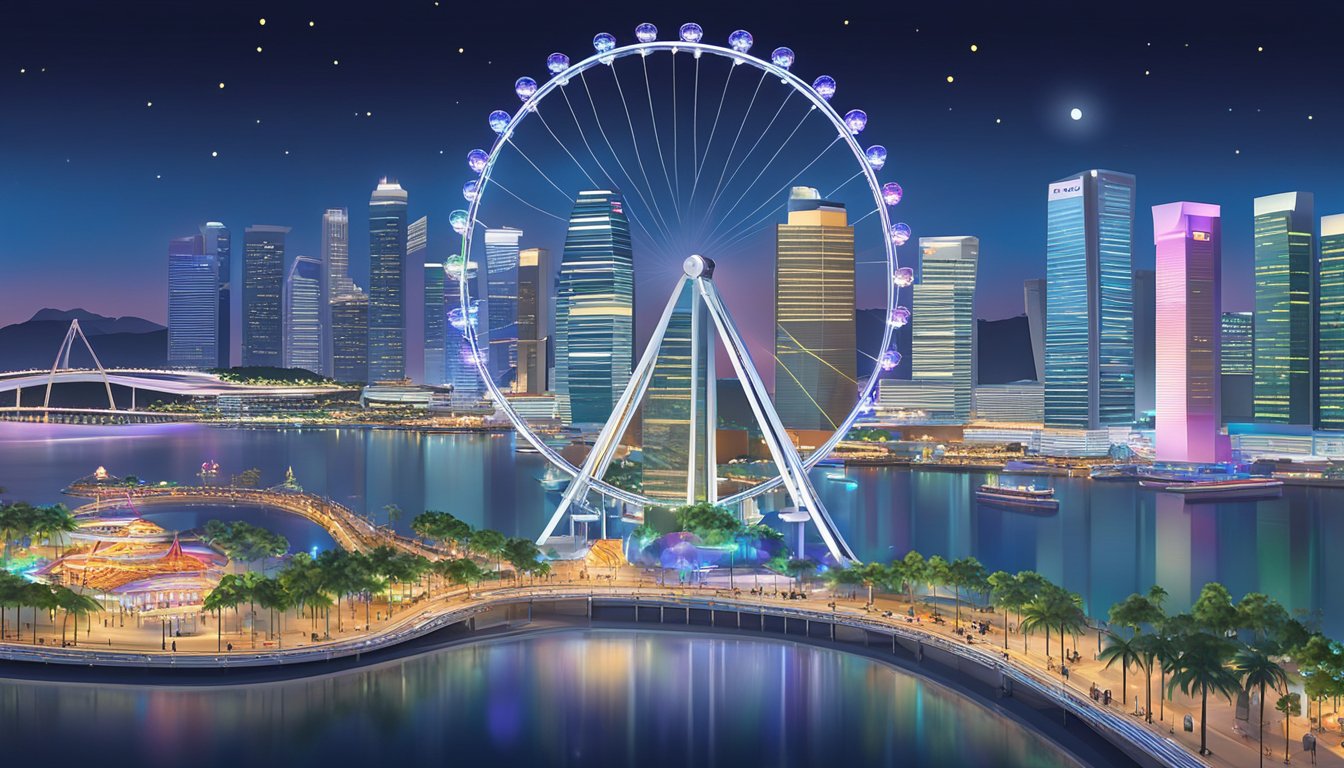 The Singapore Flyer stands tall against the city skyline, surrounded by vibrant lights and bustling entertainment venues. A crowd of visitors eagerly lines up to experience the thrilling attraction