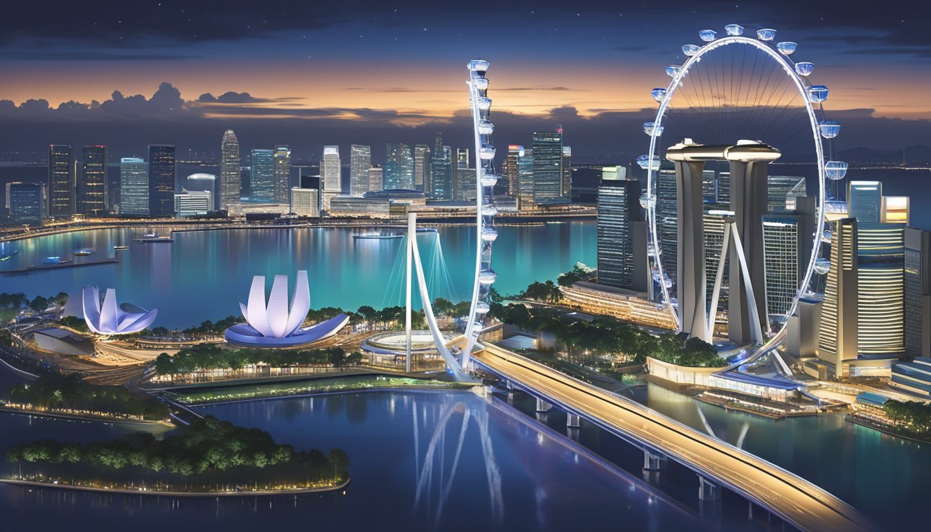 The Singapore Flyer looms tall against a backdrop of city lights, its giant observation wheel turning slowly as visitors marvel at the breathtaking panoramic views of the city below
