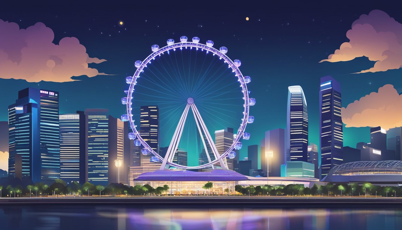 The Singapore Flyer rotates against the city skyline, towering over surrounding buildings. Lights illuminate the structure, creating a dazzling spectacle against the night sky