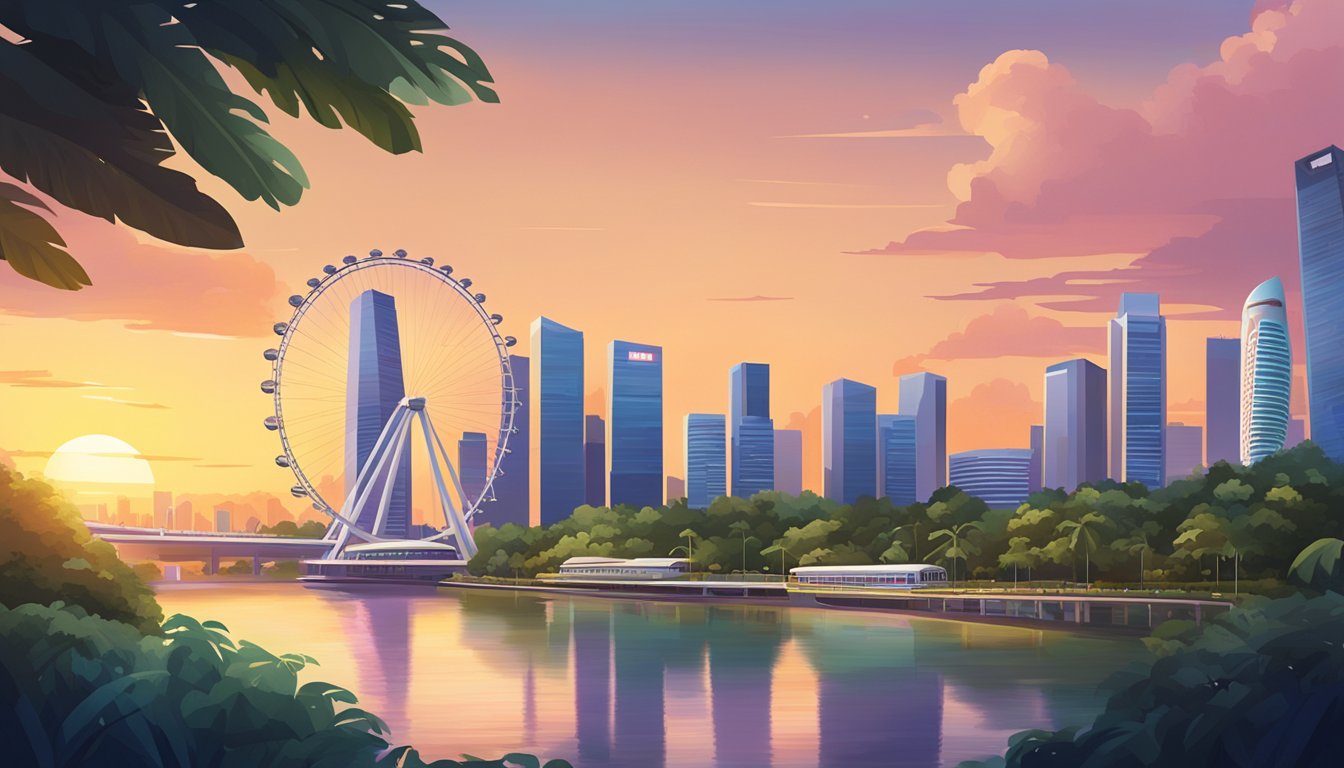 The Singapore Flyer stands tall against a vibrant cityscape, surrounded by lush greenery and modern architecture. The sun sets behind the iconic structure, casting a warm glow over the bustling city below