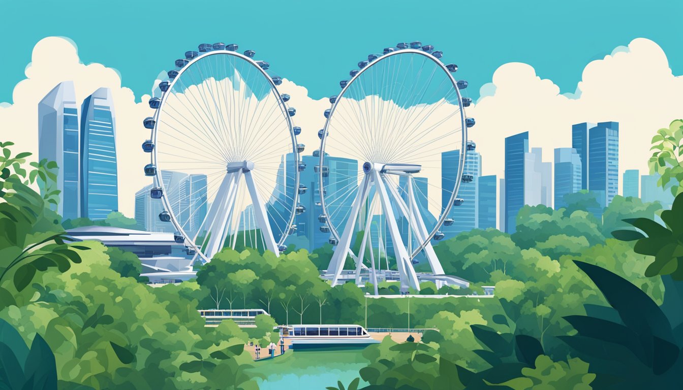 The Singapore Flyer stands tall against a backdrop of lush greenery and modern skyscrapers, with a clear blue sky above. The giant observation wheel rotates slowly, offering breathtaking views of the city and the surrounding landscape