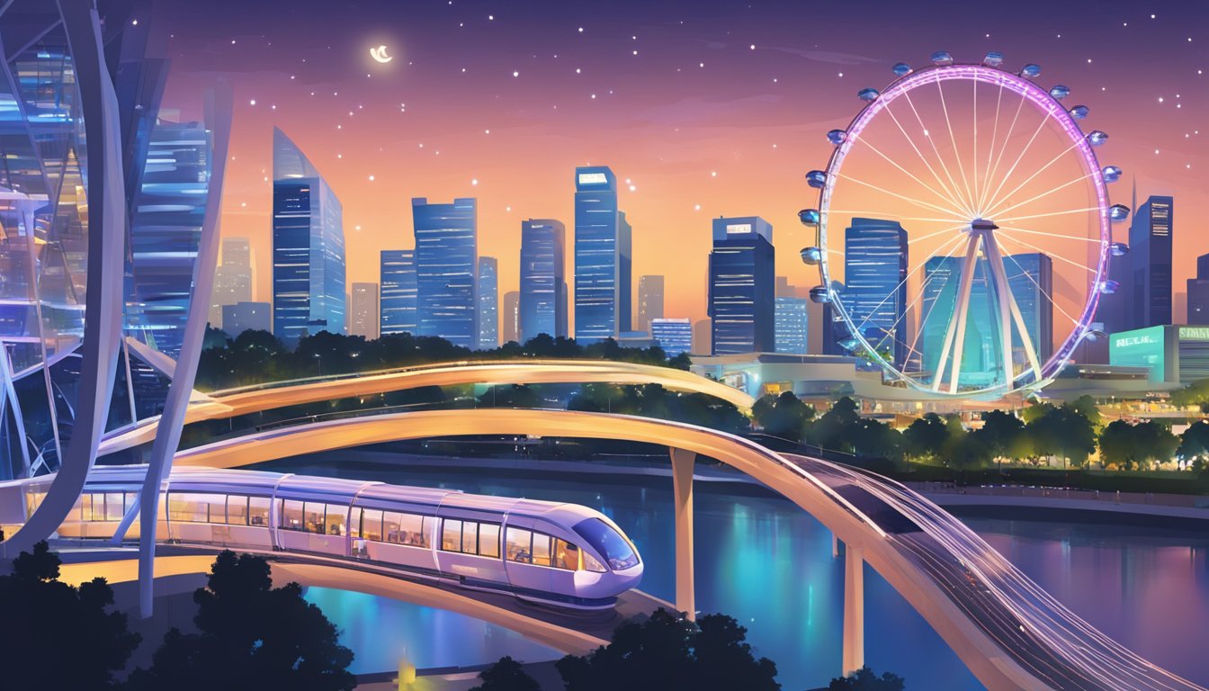 The Singapore Flyer rotates against a backdrop of city lights, with a queue of excited visitors waiting to board