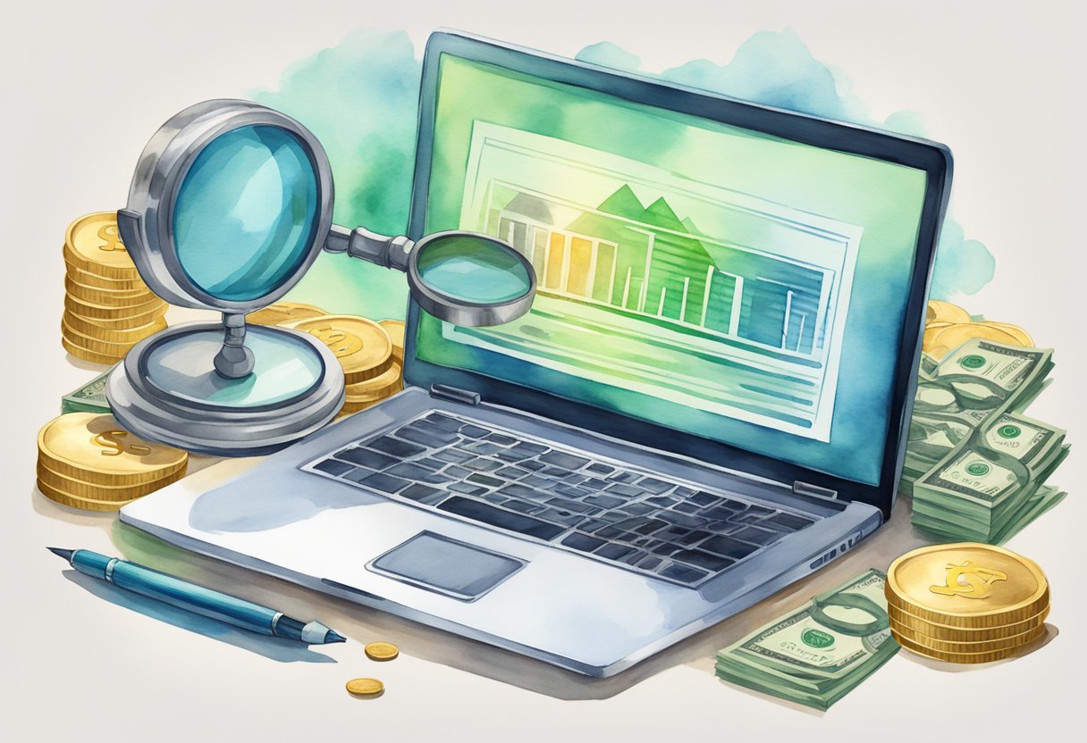 A laptop surrounded by dollar signs and a magnifying glass, with a stack of money and a chart showing increasing revenue in the background